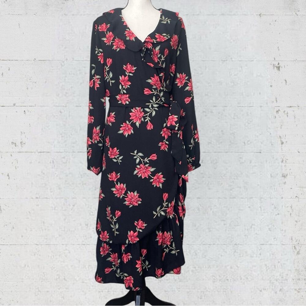 Draper James Black Floral Long Sleeve Ruffle Midi Wrap Dress Size XL Feminine - Picture 2 of 13